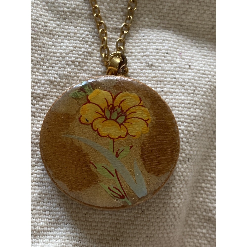 Yellow Flower‎ Pendant  Round Wooden